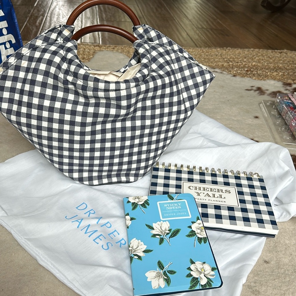 Draper James navy white check bucket bag, party planner and sticky notes